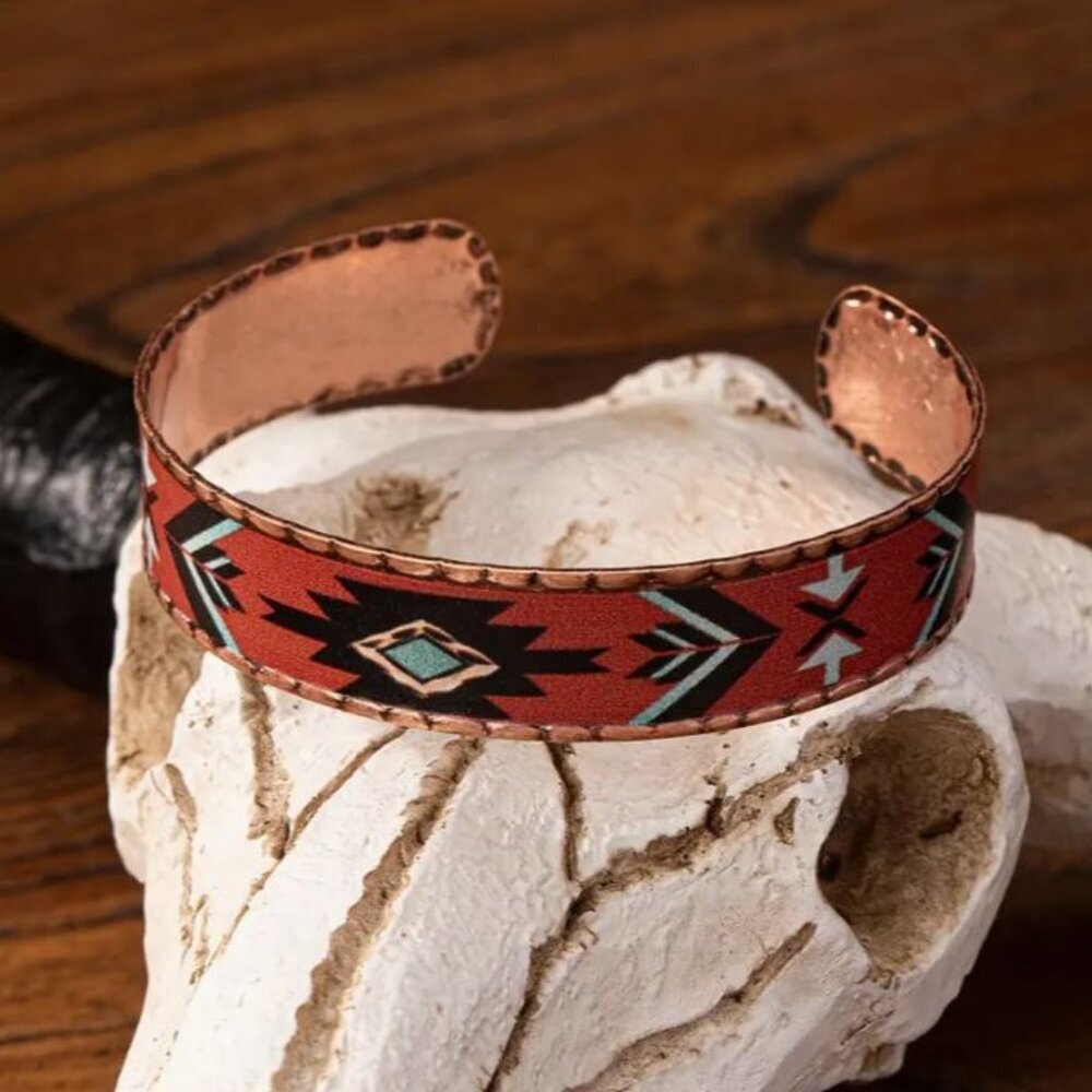 NEW Red Southwestern Pendleton Print Leather Inlay Copper Cuff Bracelet